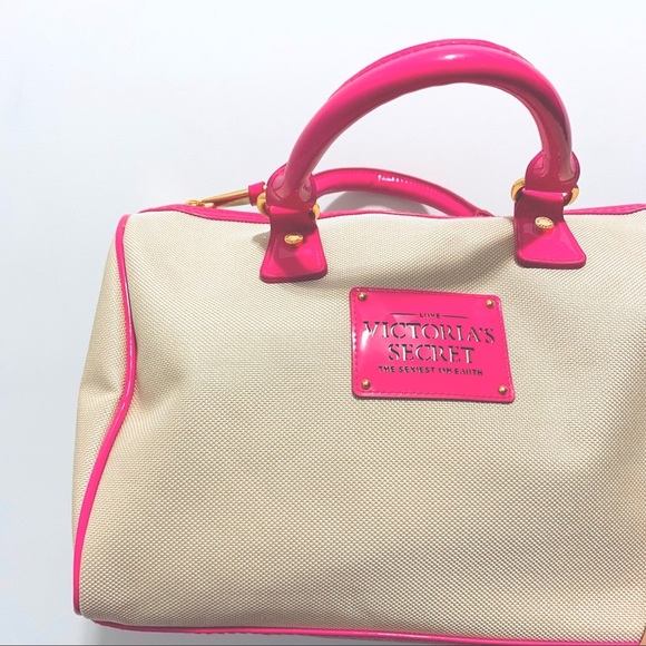 NWOT Victoria’s Secret Vintage Canvas & Hot Pink Patent Handbag Tote Bag - Picture 9 of 13